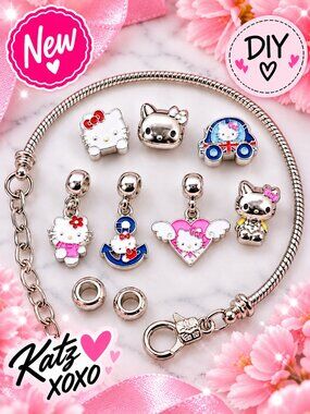 Hello Kitty DIY Charm Bracelet Kit Sanrio Cat Kawaii Silver Adjustable Jewelry